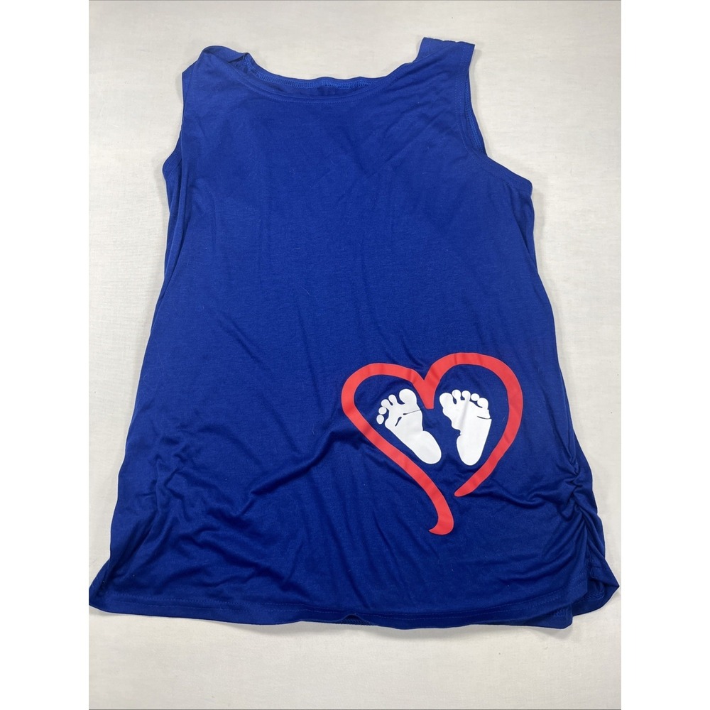 Maternity Tank Top Royal Blue Baby Footprints‎ Heart Graphic Ruched Side Size S